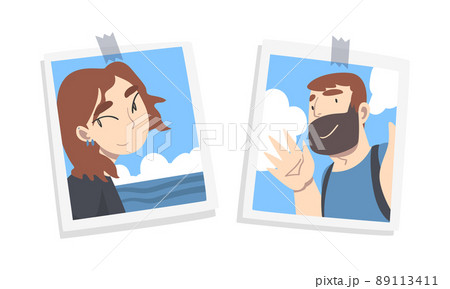 Photos of young people pinned to wall set. Selfie portraits of happy girl and man posing on nature cartoon vector illustration 89113411