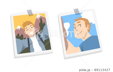 Photos of young people pinned to wall set. Selfie portraits of traveling young men cartoon vector illustration 89113427