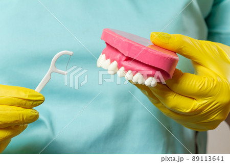 Dentist with floss toothpick and layout of the human jaw. Dentist with floss toothpick and layout of the human jaw. 89113641