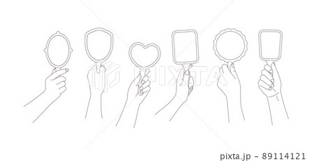 Set diverse hands holding differently shaped mirrors.Line illustration Set diverse hands holding differently shaped mirrors.Line illustration 89114121