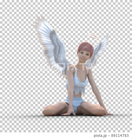 美腿天使坐在地上燙髮3DCG插畫素材 89114783