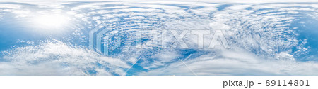 Blue sky with light clouds Seamless panorama in spherical equirectangular format with complete zenith for use in 3D graphics, game and for composites in aerial drone 360 degree panoramas as a sky dome 89114801