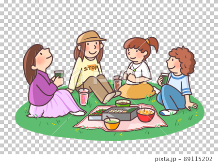 Four young women enjoying a picnic on the lawn 89115202