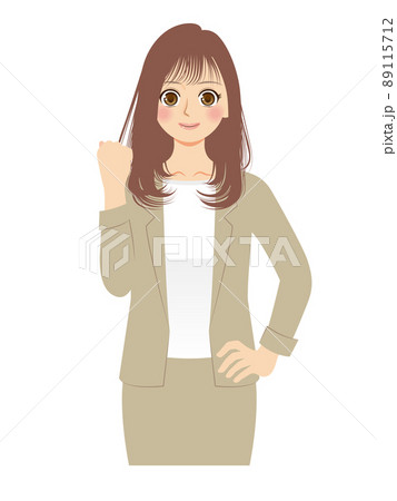 働く女性イラスト 上半身 ベージュスーツ 茶髪のイラスト素材
