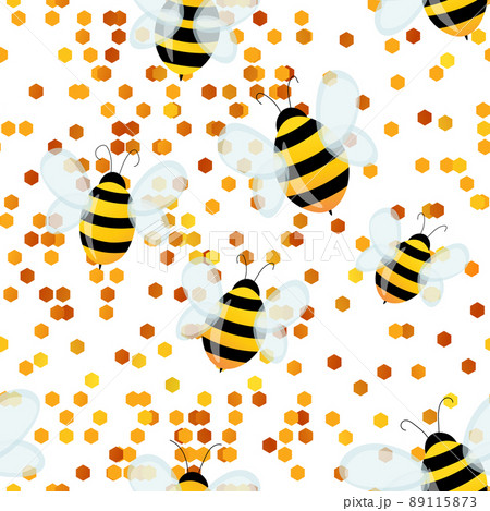 Seamless pattern with bees on white honeycomb background. Small wasp. Vector illustration. Adorable cartoon character. Template design for invitation, cards, textile, fabric. Doodle style 89115873