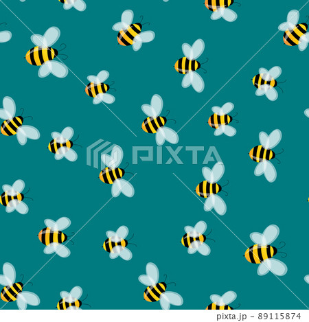 Seamless pattern with bees on color background. Small wasp. Vector illustration. Adorable cartoon character. Template design for invitation, cards, textile, fabric. Doodle style 89115874