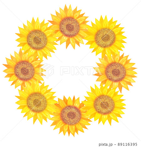 イラスト素材 水彩絵の具で手描きした向日葵のリース ぎっしり大輪の花 夏 黄色のイラスト素材