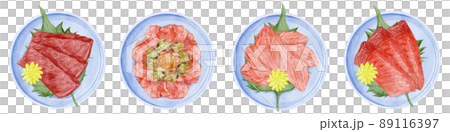 小皿に盛り付けたお刺身の手描き水彩風イラスト 89116397
