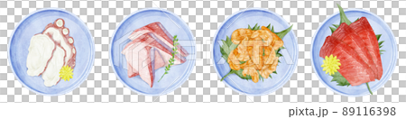 Hand-painted watercolor-style illustration of sashimi served on a small plate 89116398