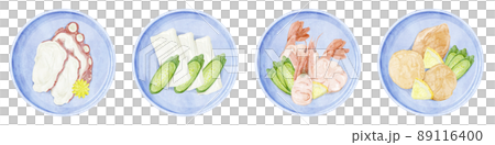 小皿に盛り付けたお刺身の手描き水彩風イラスト 89116400