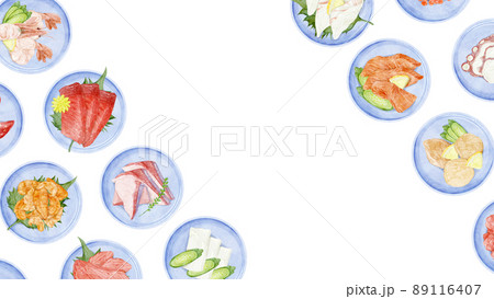 小皿に盛り付けたお刺身の手描き水彩風イラスト 89116407