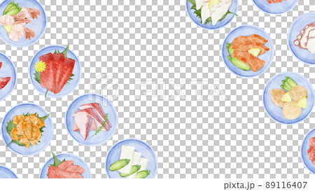 小皿に盛り付けたお刺身の手描き水彩風イラスト 89116407