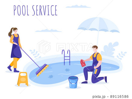 Swimming Pool Service Worker with Broom, Vacuum Cleaner or Net for Maintenance and Cleaning of Dirt in Flat Cartoon Illustration Swimming Pool Service Worker with Broom, Vacuum Cleaner or Net for Maintenance and Cleaning of Dirt in Flat Cartoon Illustration 89116586