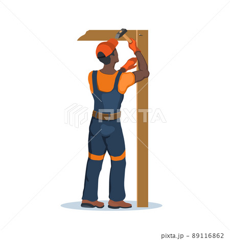 Worker use a hummer. Builder with a hand tool. Man in uniform hammering a nail. Isolated industrial scene. Contractor boy with an instrument 89116862