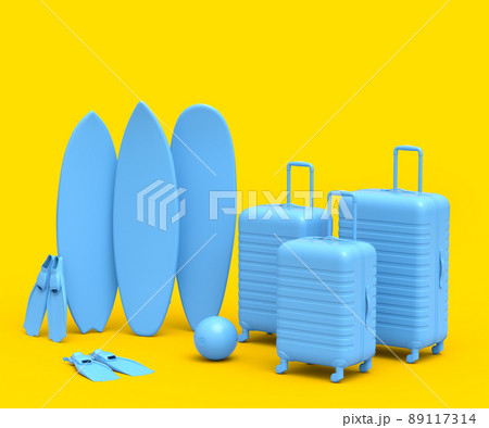 Suitcase with beach ball and surf board on monochrome yellow background. 3D render of summer vacation concept and holidays 89117314
