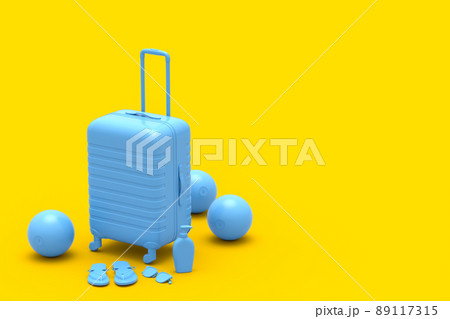 Colorful suitcase or baggage with beach accessories on monochrome yellow background. 3D render of summer vacation concept and holidays 89117315