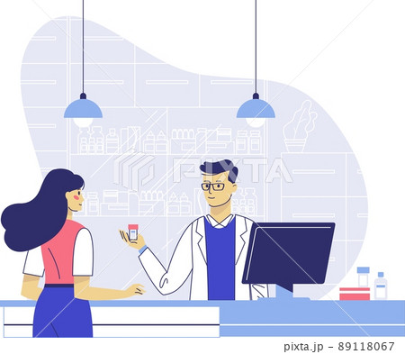 Pharmacy concept with pharmacist and patient. Health care and conceling medication. 89118067