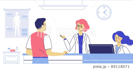 Medicine emergency concept with doctor and patient in flat style on hospital hall background 89118071