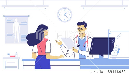 Medicine emergency concept with doctor and woman patient in flat style on hospital hall background Medicine emergency concept with doctor and woman patient in flat style on hospital hall background 89118072