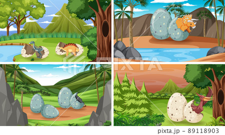 Different prehistoric forest scenes with dinosaur cartoon 89118903
