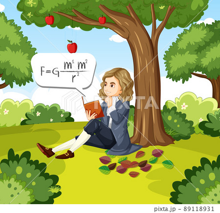 Isaac Newton sitting under apple tree 89118931