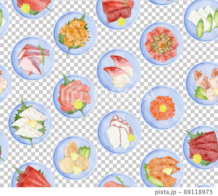 Continuous background pattern of sashimi served on a small plate Continuous background pattern of sashimi served on a small plate 89118973