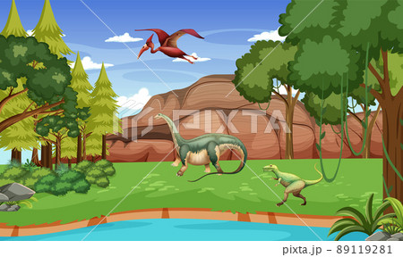 Nature scene with trees on mountains with dinosaur 89119281