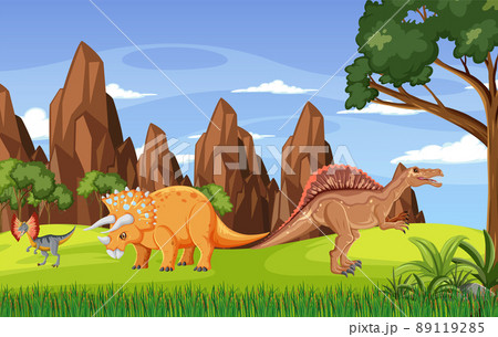 Nature scene with trees on mountains with dinosaur 89119285