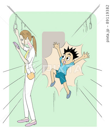 電車の中で綺麗なお姉さんのスマホ首をみて驚く少年 89119382