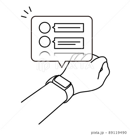 スマートウォッチを腕に装着してメッセンジャーアプリの通知を確認しているイラストのイラスト素材