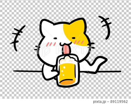 一個可愛的貓角色喝啤酒後變得開朗的手寫風格插圖 一個可愛的貓角色喝啤酒後變得開朗的手寫風格插圖 89119562