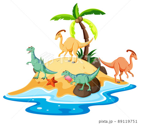 Scene with dinosaurs parasaurolophus and carnotaurus on island Scene with dinosaurs parasaurolophus and carnotaurus on island 89119751