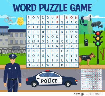 Police, law and policeman, word search puzzle game worksheet, vector grid. Kids riddle to search words in grid with police car, handcuffs, dog, policeman badge and speaker walkie-talkie 89119896