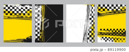 Rally racing sport grunge background, vector checkered flag and tire tracks road race pattern. Racing car or speed auto wheel tyre tread dirty marks or tracks with start or finish racing flags 89119900