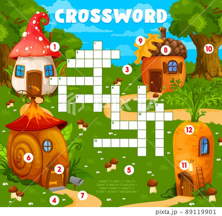 Cartoon mushroom, snail, acorn and carrot fairytale houses crossword grid worksheet, find a word quiz game. Vector cross word, search puzzle for children educational, recreational or learning activity 89119901