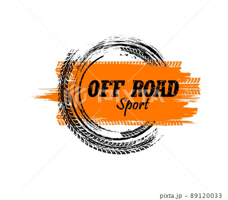 Offroad sport grunge banner. Tire tracks of race car or motorcycle wheels. Mud road tyre tread marks and dirt trails of rally truck, auto and bike, drift show and motocross off road sport 89120033