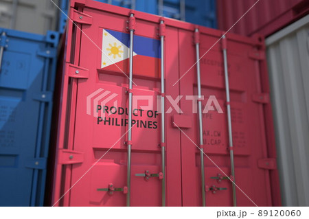 Shipping container with goods from the Philippines and printed national flag. Production related 3D rendering 89120060