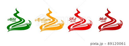 Spicy level labels and icons of pepper and fire flames, vector spicy flavor scale. Green mild, yellow medium and red extra hot symbols of chili or jalapeno pepper and Tabasco sauce Spicy level labels and icons of pepper and fire flames, vector spicy flavor scale. Green mild, yellow medium and red extra hot symbols of chili or jalapeno pepper and Tabasco sauce 89120061