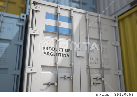 Cargo container with products of Argentina and printed national flag. Logistics related 3D rendering 89120062