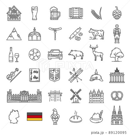 Germany landmarks, food, industry and travel outline icons. Vector German flag and map, Oktoberfest beer, sausages, Bavarian costume, pretzel and hunting hat, Berlin architecture, heraldic eagle 89120095