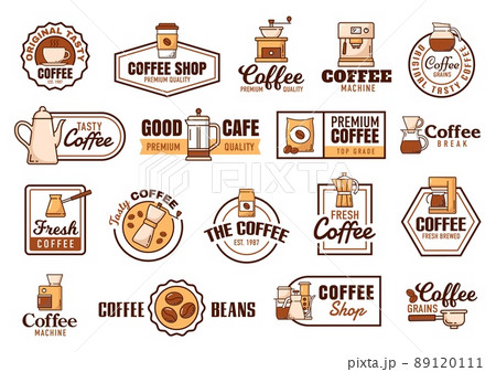 Coffee cups line icons, coffee machine and pack, mug and french press, vector symbols. Coffee espresso, cappuccino and Americano linear icons for cafe or cafeteria and coffee shop or house 89120111