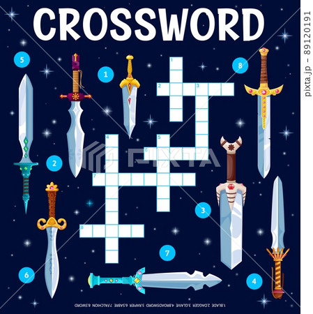 Fantasy magic blades, swords and axes, daggers on crossword grid worksheet. Find a word quiz game, kindergarten child vocabulary riddle, kids text puzzle. Child educational game fairy swords weapons Fantasy magic blades, swords and axes, daggers on crossword grid worksheet. Find a word quiz game, kindergarten child vocabulary riddle, kids text puzzle. Child educational game fairy swords weapons 89120191