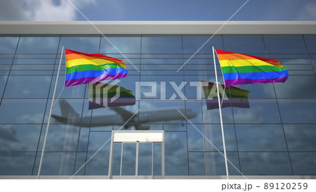 LGBTQ flags in the airport and landing commercial plane. 3D rendering LGBTQ flags in the airport and landing commercial plane. 3D rendering 89120259