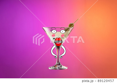 Cocktail glass with dry martini with olives isolated over gradient purple and orange color background in neon. Creative artwork. Collage Cocktail glass with dry martini with olives isolated over gradient purple and orange color background in neon. Creative artwork. Collage 89120457