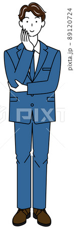 顔を触りながら前向きに決策を考えているスーツ姿の可愛い男性 全身 立ち姿 イラスト ベクターのイラスト素材 1724