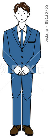 スーツ姿の可愛い男性の立ち姿 待機姿勢 左手を上にして手を組んでいる 全身 イラスト ベクター スーツ姿の可愛い男性の立ち姿 待機姿勢 左手を上にして手を組んでいる 全身 イラスト ベクター 89120765