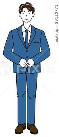スーツ姿の可愛い男性の立ち姿 待機姿勢 右手を上にして手を組んでいる 全身 イラスト ベクター スーツ姿の可愛い男性の立ち姿 待機姿勢 右手を上にして手を組んでいる 全身 イラスト ベクター 89120771