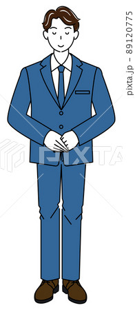 少し頭を下げお辞儀をしているスーツ姿の可愛い男性の全身立ち姿 右手を上にして手を組んでいる イラスト 少し頭を下げお辞儀をしているスーツ姿の可愛い男性の全身立ち姿 右手を上にして手を組んでいる イラスト 89120775