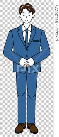 少し頭を下げお辞儀をしているスーツ姿の可愛い男性の全身立ち姿 右手を上にして手を組んでいる イラスト 少し頭を下げお辞儀をしているスーツ姿の可愛い男性の全身立ち姿 右手を上にして手を組んでいる イラスト 89120775