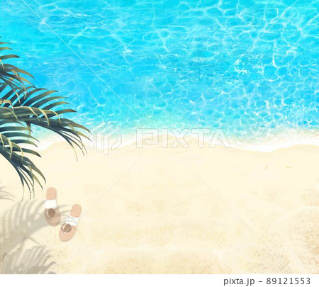 上から見た夏の砂浜とエメラルドグリーンの海の波打ち際にサンダルとヤシのある美しい背景素材 上から見た夏の砂浜とエメラルドグリーンの海の波打ち際にサンダルとヤシのある美しい背景素材 89121553